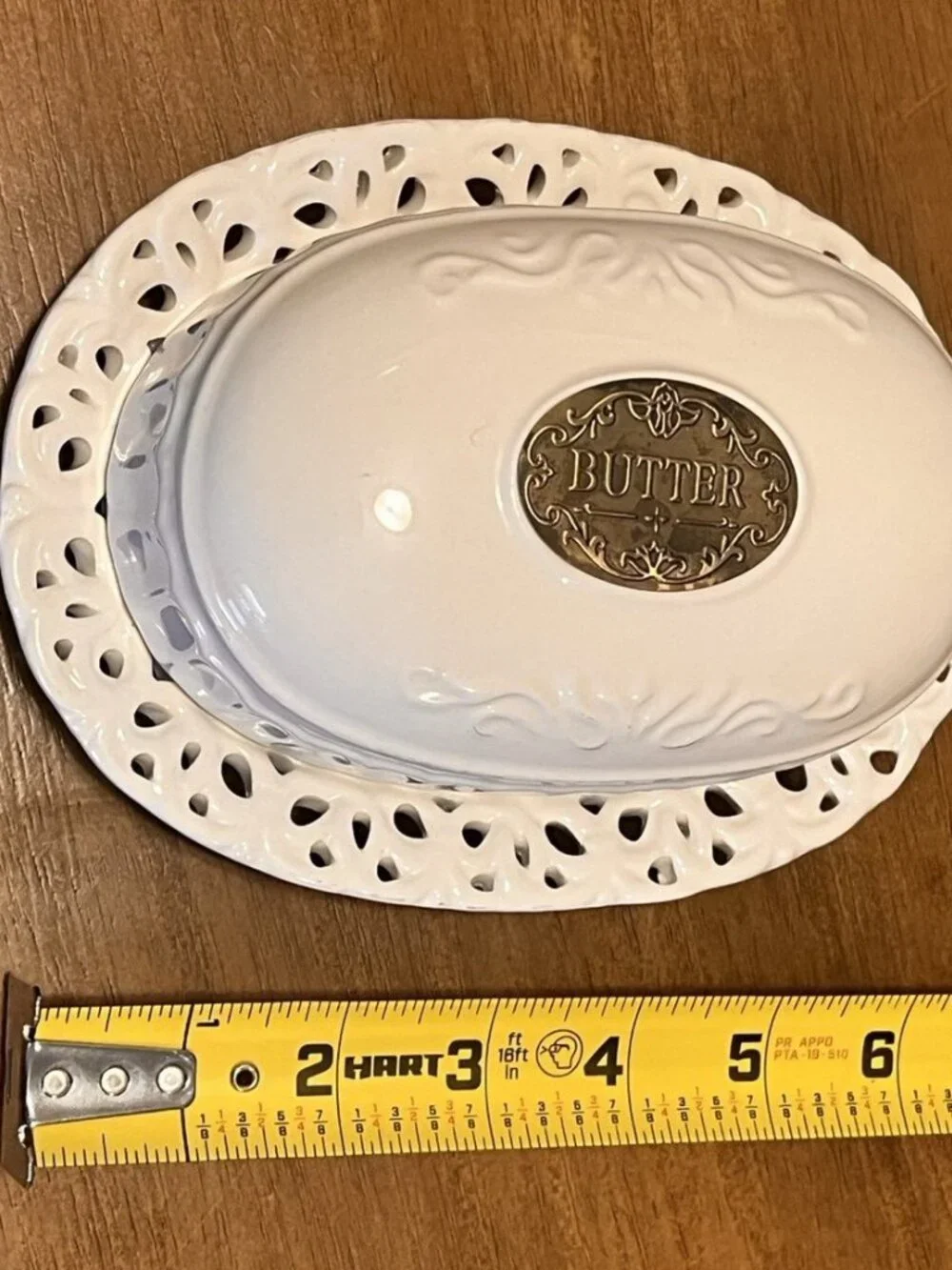 Vintage THL French Cottage Oval Butter Dish with Bronze Badge & Lattice Edging